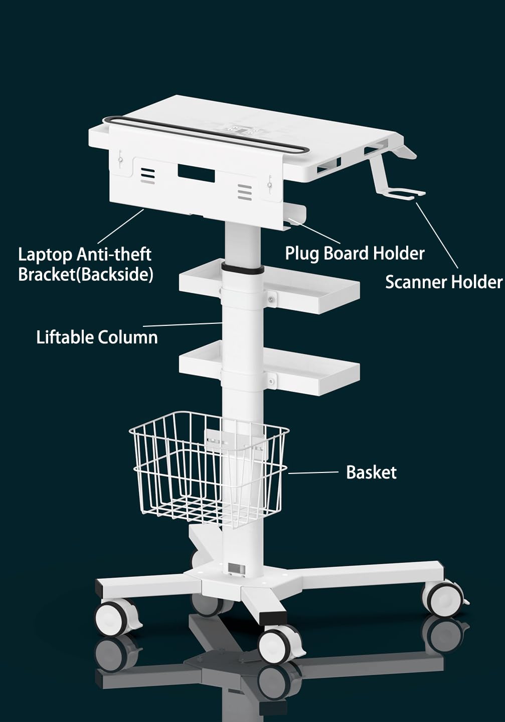 MB-C07 Height Adjustable, Anti-Theft, Anti-Slip Medical Laptop Workstation Trolley Cart With Wheels, Oral Scanner Holder, Basket Storage,