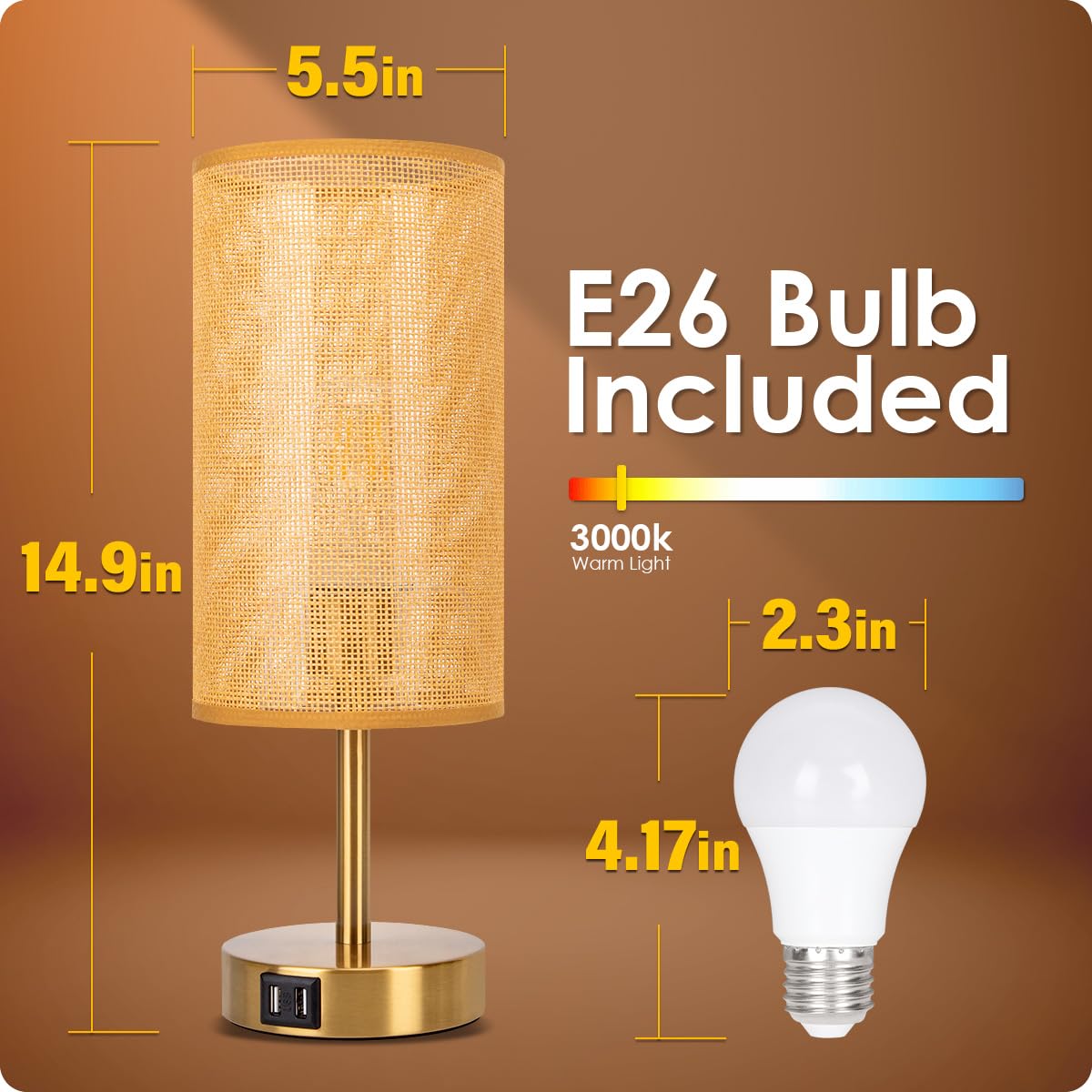Bedside Lamp with USB Port - Touch Control Table Lamp for Bedroom Wood 3 Way Dimmable Nightstand Lamp with Round Flaxen Fabric Shade for Home Office (LED Bulb Included) (Y - NET)