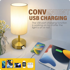 Bedside Lamp with USB port - Touch Control Table Lamp for Bedroom Wood 3 Way Dimmable Nightstand Lamp with Round Pleated Shade for Living Room, Dorm, Home Office (LED Bulb Included) (Pleated)
