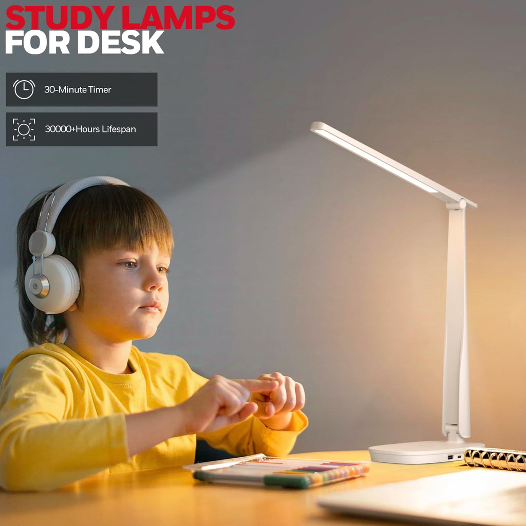 LED Desk Lamp for Home Office, Eye-Caring Light with 4 Color Modes & Touch Control, USB A+C Charging Ports, Adjustable Rotating Head with Timer for Reading, Bedroom & Small Desks