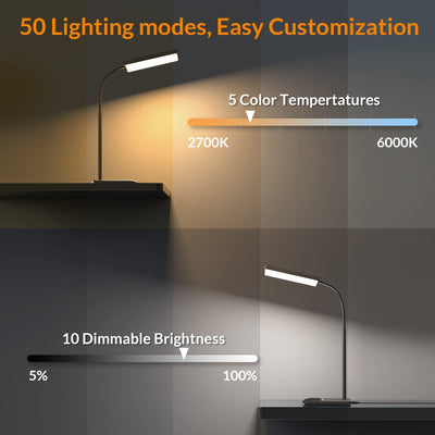 Desk Lamp, 800LM LED for Home Office, 12W Reading for Desk, Eye-Caring Light, Touch Table Gooseneck Lamp, 50 Lighting Modes, Bright for Bedroom, Study (Black)