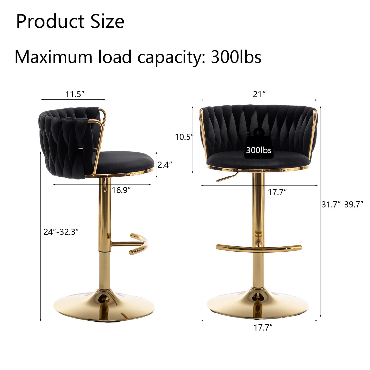 Gold Velvet Bar Stools Set of 2, Swivel Counter Height Bar Stools with Back, Adjustable Woven Barstools for Kitchen Island, Pub, Club (Black)