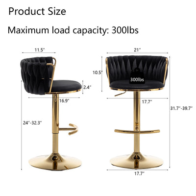Gold Velvet Bar Stools Set of 2, Swivel Counter Height Bar Stools with Back, Adjustable Woven Barstools for Kitchen Island, Pub, Club (Black)
