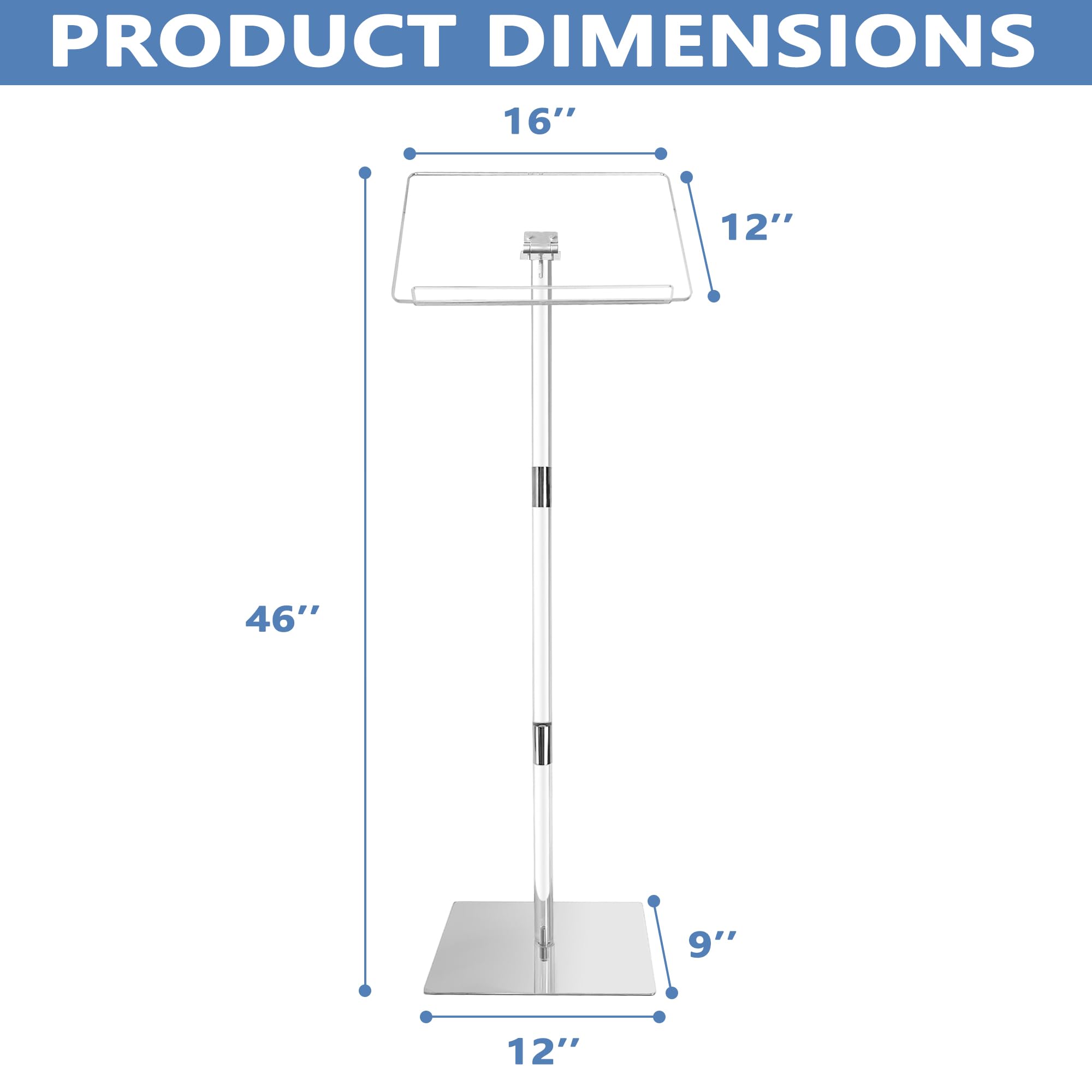 Podium Stand, Lecterns & Podiums, Acrylic Podium, Portable Podium Stand, Adjustable Angles with Metal Base, Podium for Classroom, Church, Weddings, Speech, 16" L x 12" W x 46" H, Clear