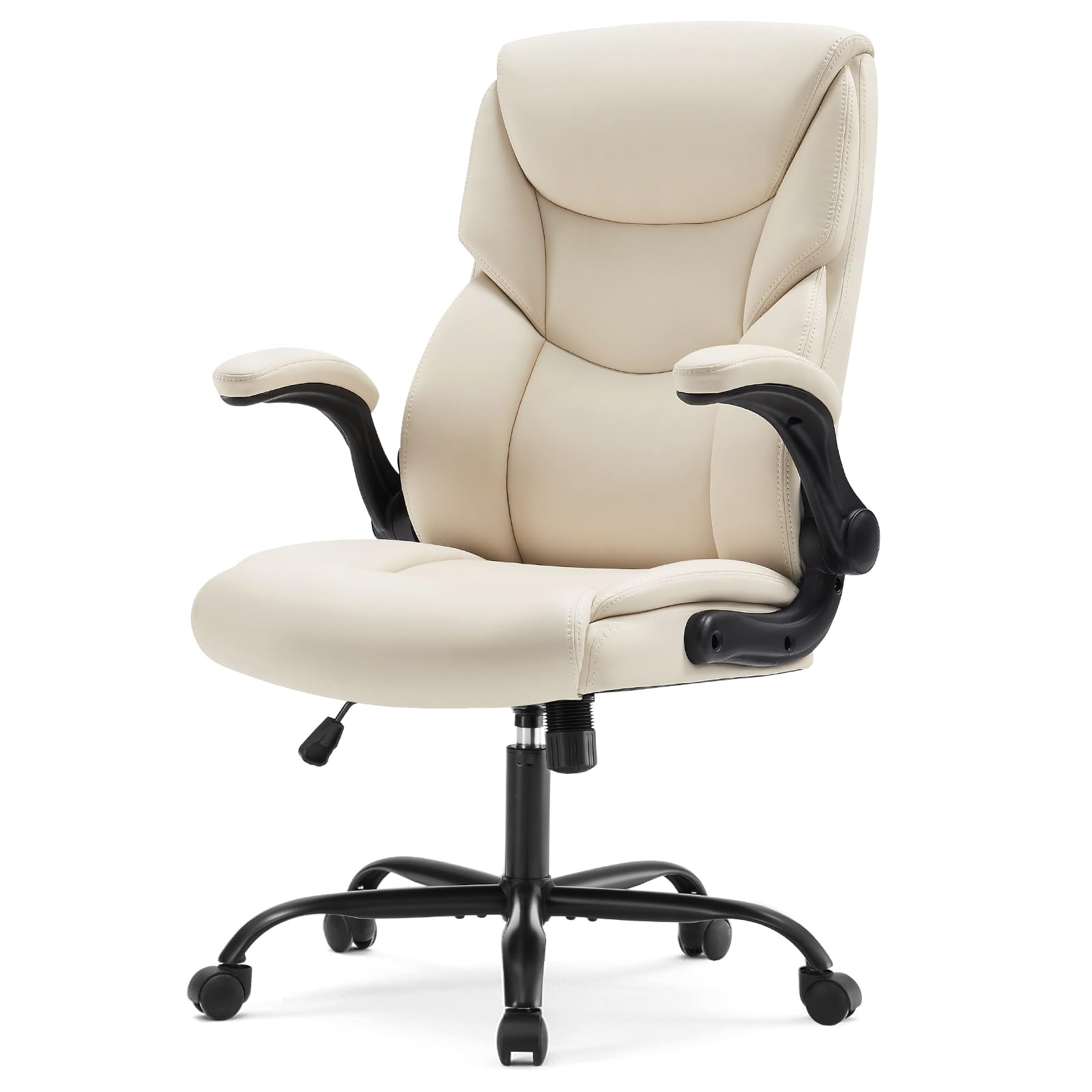 Ergonomic Office Chair - Heavy Duty Task Desk Chair with Flip-up Armrest, PU Leather, Height Adjustable & Swivel Rolling Chair with Wheels, Beige