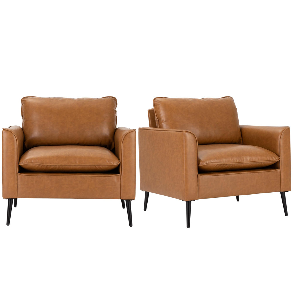 Modern Leather Chair Set of 2, Oversized Armchair for Living Room, Mid-Century Accent Reading Chair for Bedroom Comfy