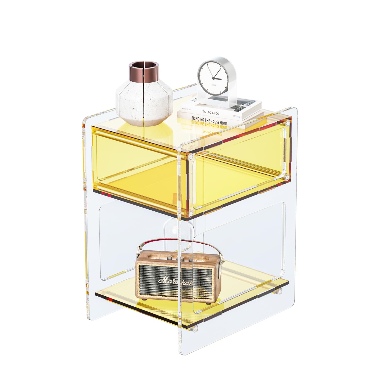 Acrylic Side Table with Storage, Modern Clear Acrylic Nightstand for Bedroom or Living Room, Small Bedside End Table, Stylish Orange Clear Furniture, 15.8