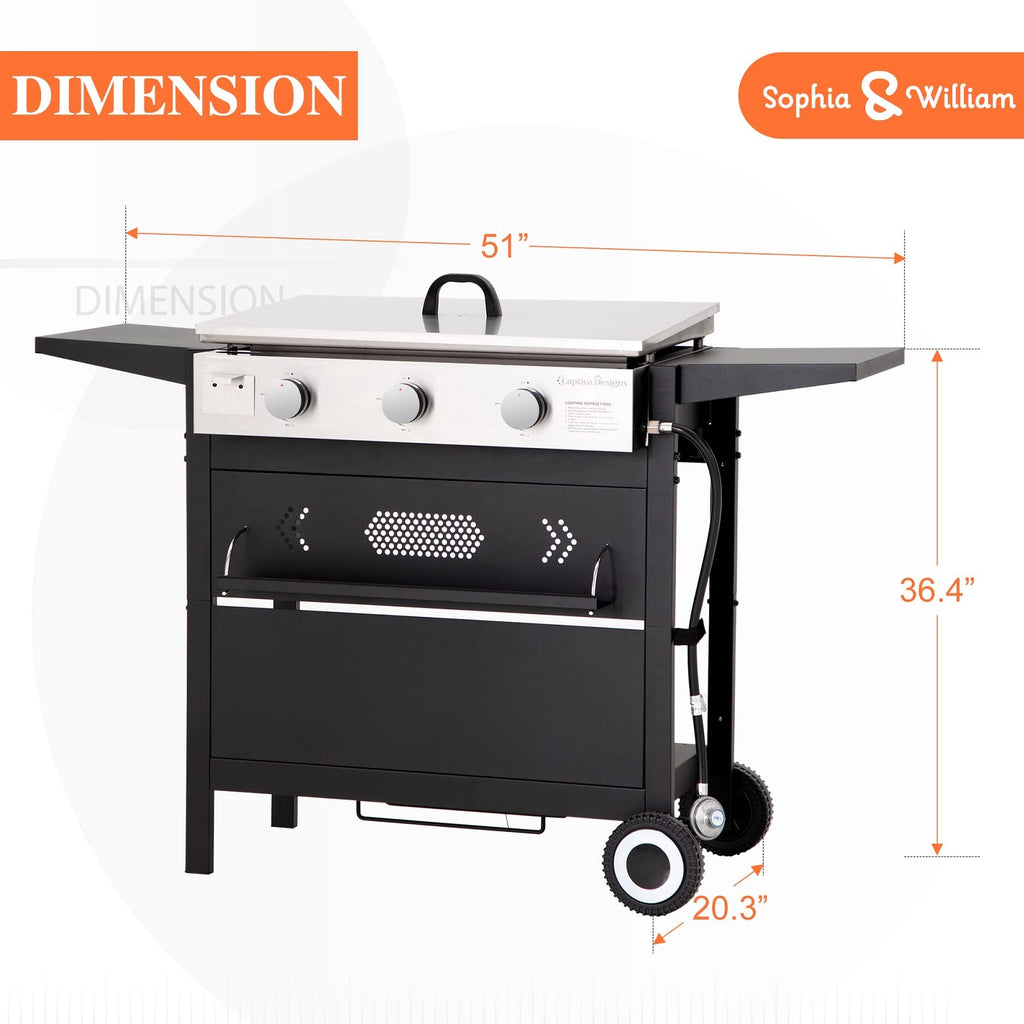 28-Inch Flat Top Grill with Ceramic Coated Cast Iron Griddle, 3-Burner Propane Gas BBQ Griddle, Portable Outdoor Barbecue Grill,33,000 BTU,Black