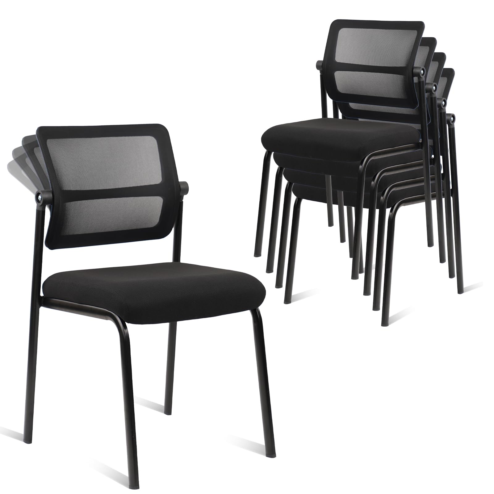 CLATINA Stacking Armless Office Waiting Room Chair with Adjustable Backrest, Stackable Mesh Guest Reception Desk Chairs with Ergonomic Lumbar Support for Conference Lobby Side School, Black, 4 Pack
