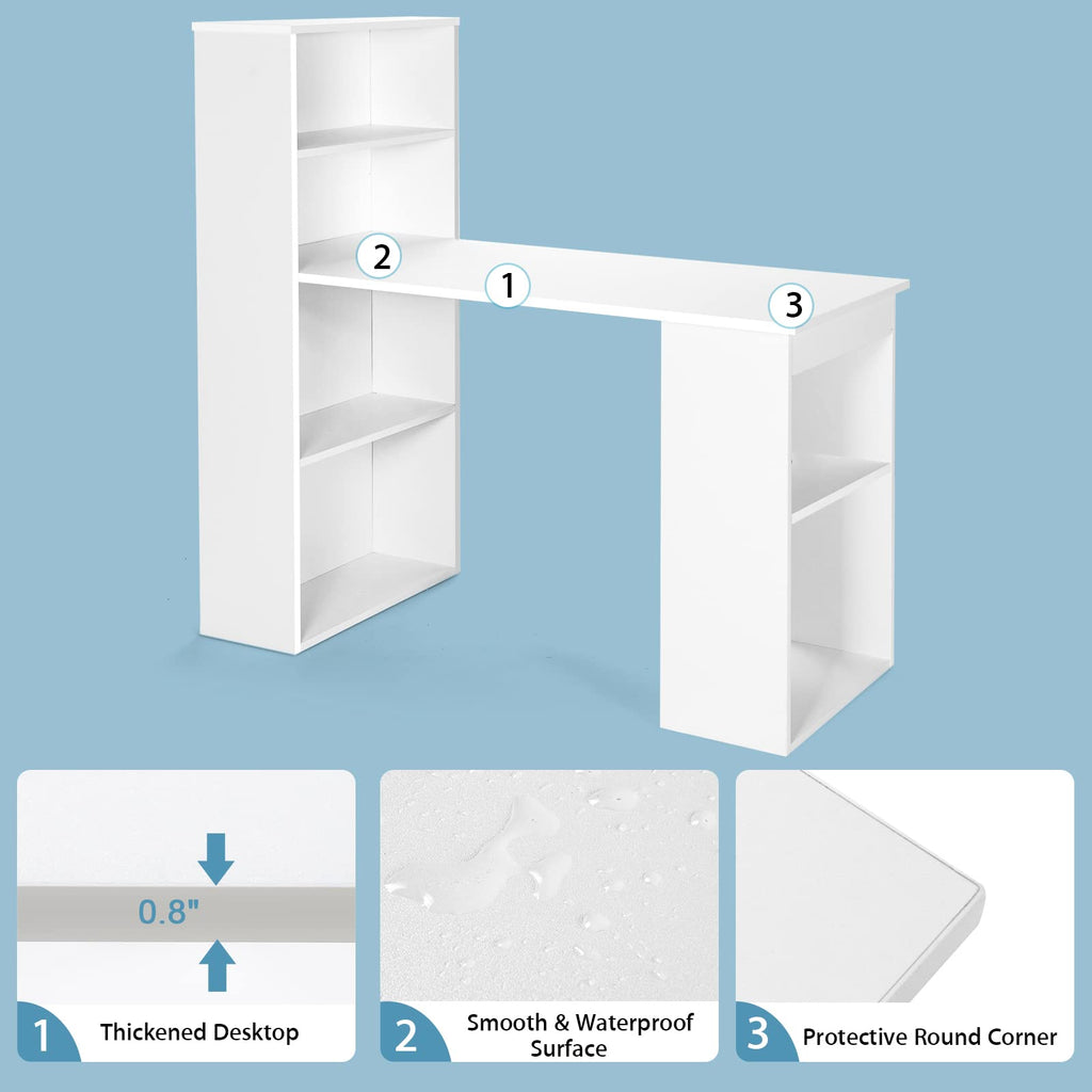 White Computer Desk with Bookshelf, Writing Study Desk with Storage Shelves & CPU Stand, Modern Compact Computer Workstation for Home & Office, Space-Saving Design