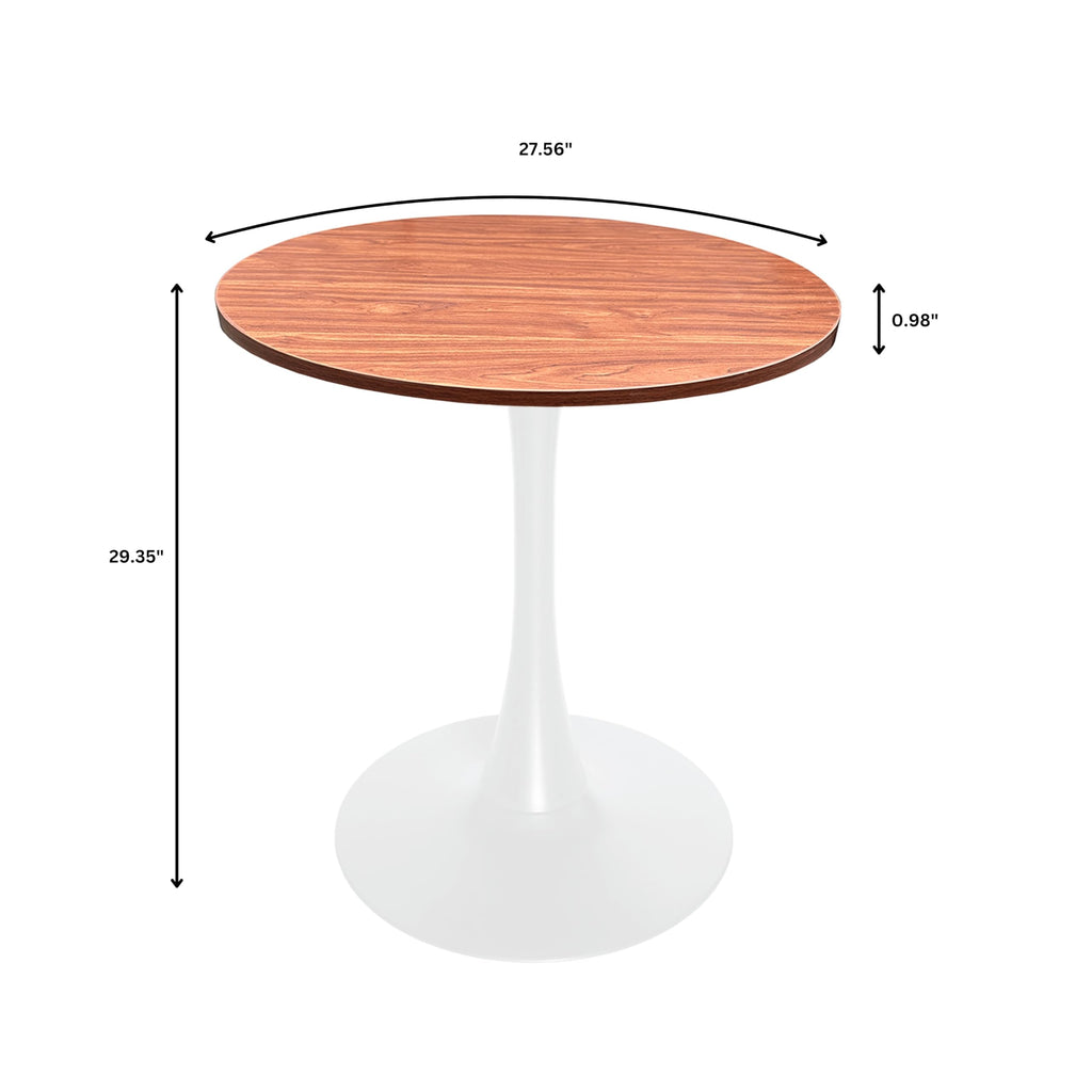 27" Wide Round Dining Table, Modern MDF Wood Top & White Metal Pedestal Base Gloss Finish Accent Table Mid-Century Café Table, Kitchen Dining Room Furniture, Cognac Brown