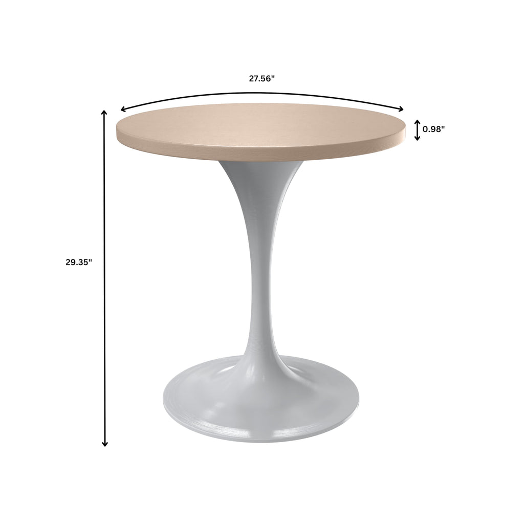 Mid-Century Modern 27 Inch Round Dining Table, MDF Wood Tabletop with White Steel Pedestal Base, Contemporary Kitchen & Dining Room, Small Space Breakfast Table, Light Natural Wood