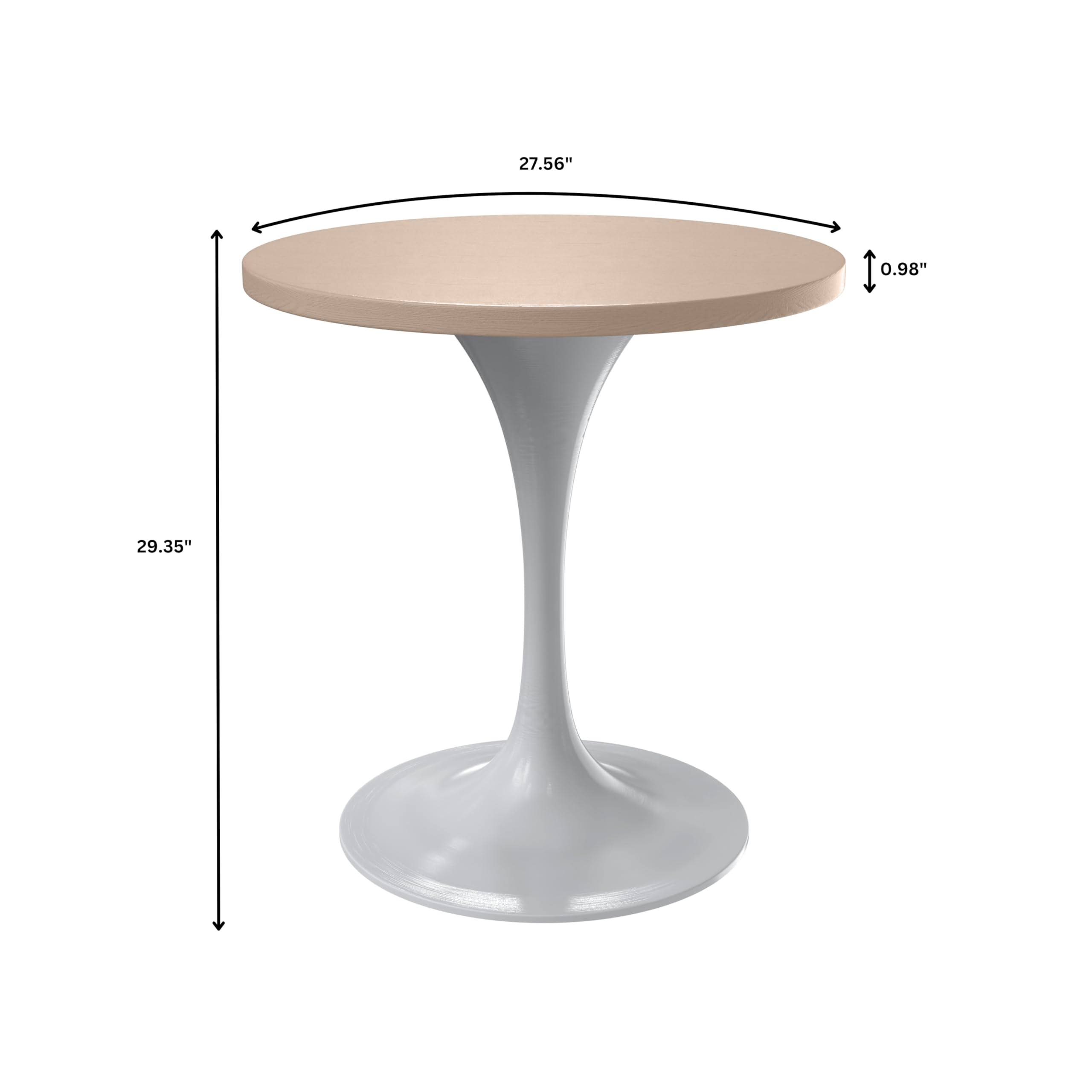 Mid-Century Modern 27 Inch Round Dining Table, MDF Wood Tabletop with White Steel Pedestal Base, Contemporary Kitchen & Dining Room, Small Space Breakfast Table, Light Natural Wood