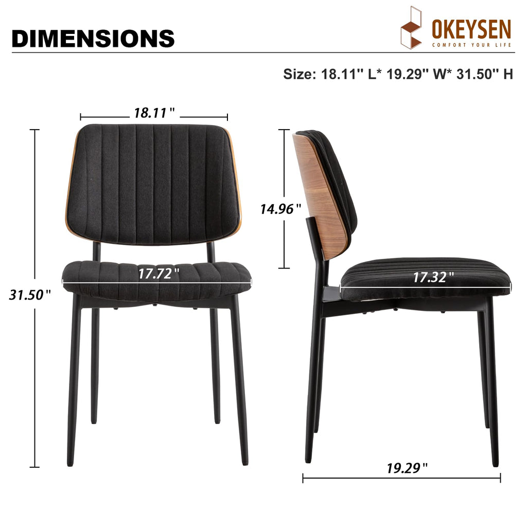 Black Fabric Dining Chairs Set of 2, Mid Century Modern Dining Chairs Walnut Bentwood,Armless Kitchen Chairs with Metal Legs Adjustable Foot for Dining Room（Walnut Black）