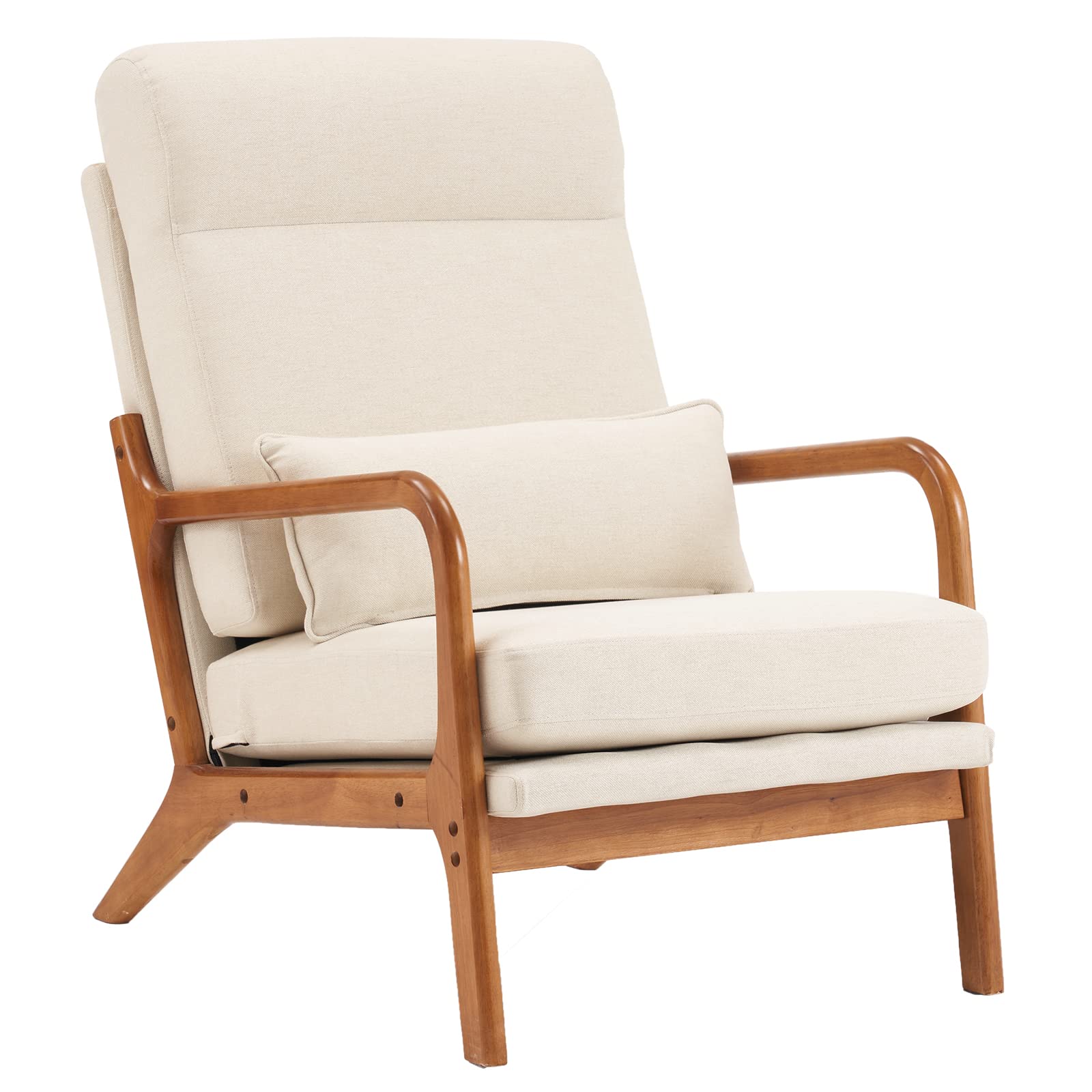 High Back Linen Beige Mid Century Modern Accent Chair, Soild Wood Padding Lounge Armchairs Side Sitting Chairs for Living Room, Bedroom, Guest Room