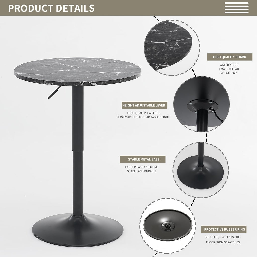 23.6" Round Bar Table, Adjustable Height Bar Table, MDF Top with Metal Pole Support and Base, Cocktail Tables, Bistro Pub Tables, Suitable for Cafe, Kitchen Island, Bar Counter, Black