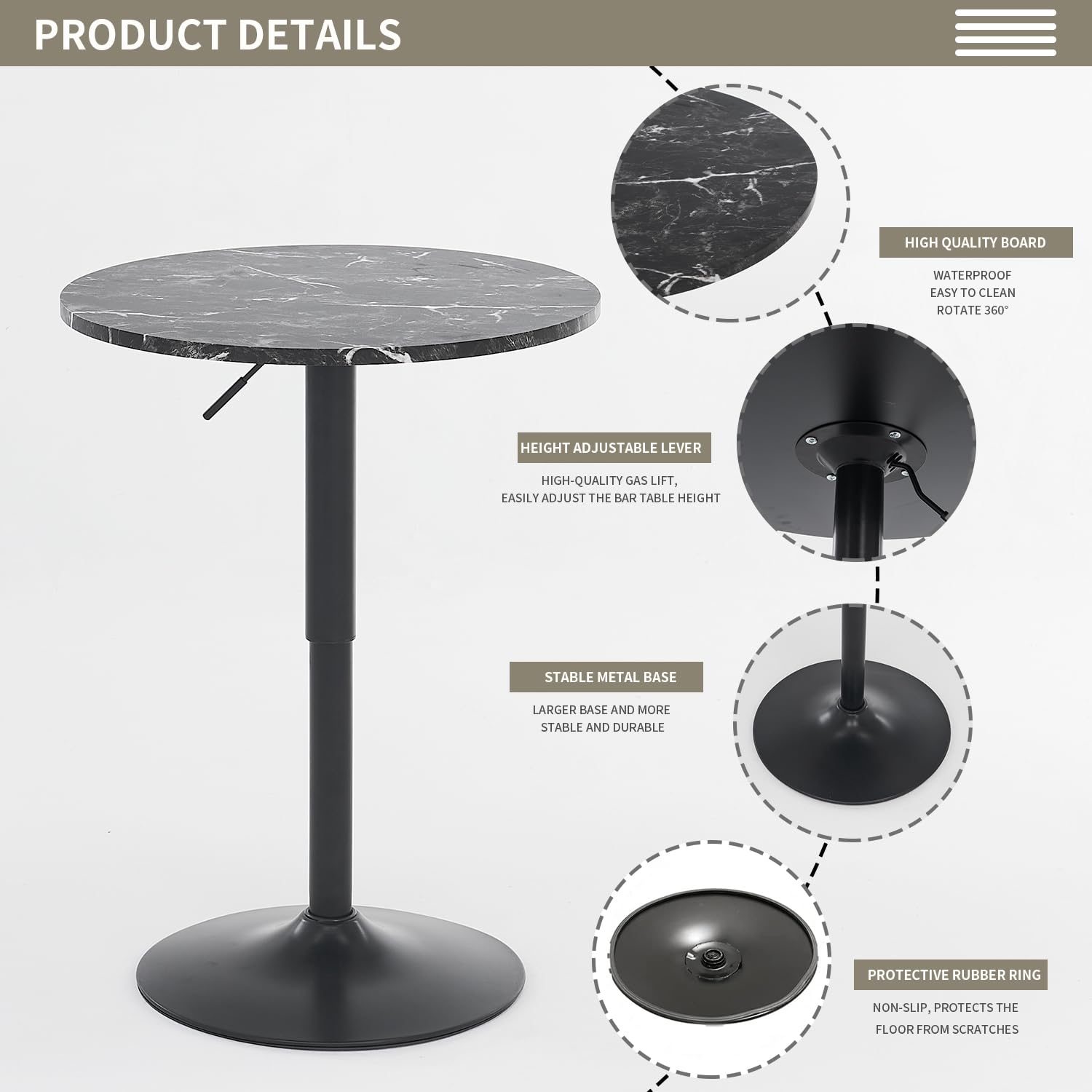 23.6" Round Bar Table, Adjustable Height Bar Table, MDF Top with Metal Pole Support and Base, Cocktail Tables, Bistro Pub Tables, Suitable for Cafe, Kitchen Island, Bar Counter, Black