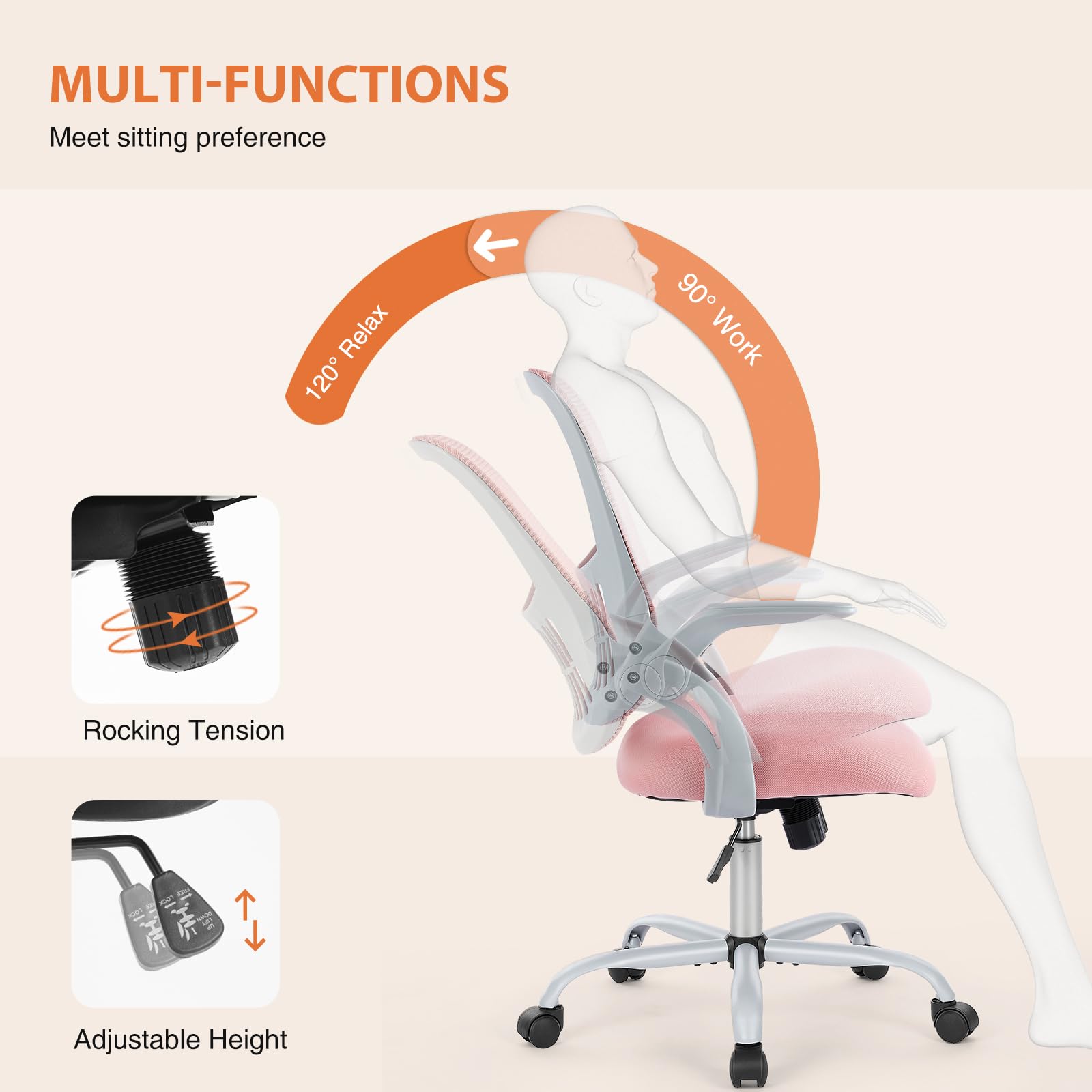 Home Office Managerial Executive Chair, Ergonomic Mesh Adjustable Swivel Mid-Back Chair with, Flip-up Arms, Comfortable Lumbar Support, Comfy Arms for Bedroom,Study,Student