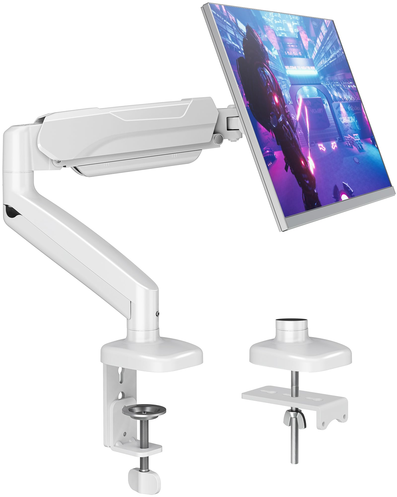 Single Monitor Desk Mount Holds Screen up to 32 inch, Height Adjustable Monitor Arm, Full Motion Computer Monitors Stand with Clamp/Grommet Base, VESA Mounts Fit 4.4-17.6lbs Computer, White