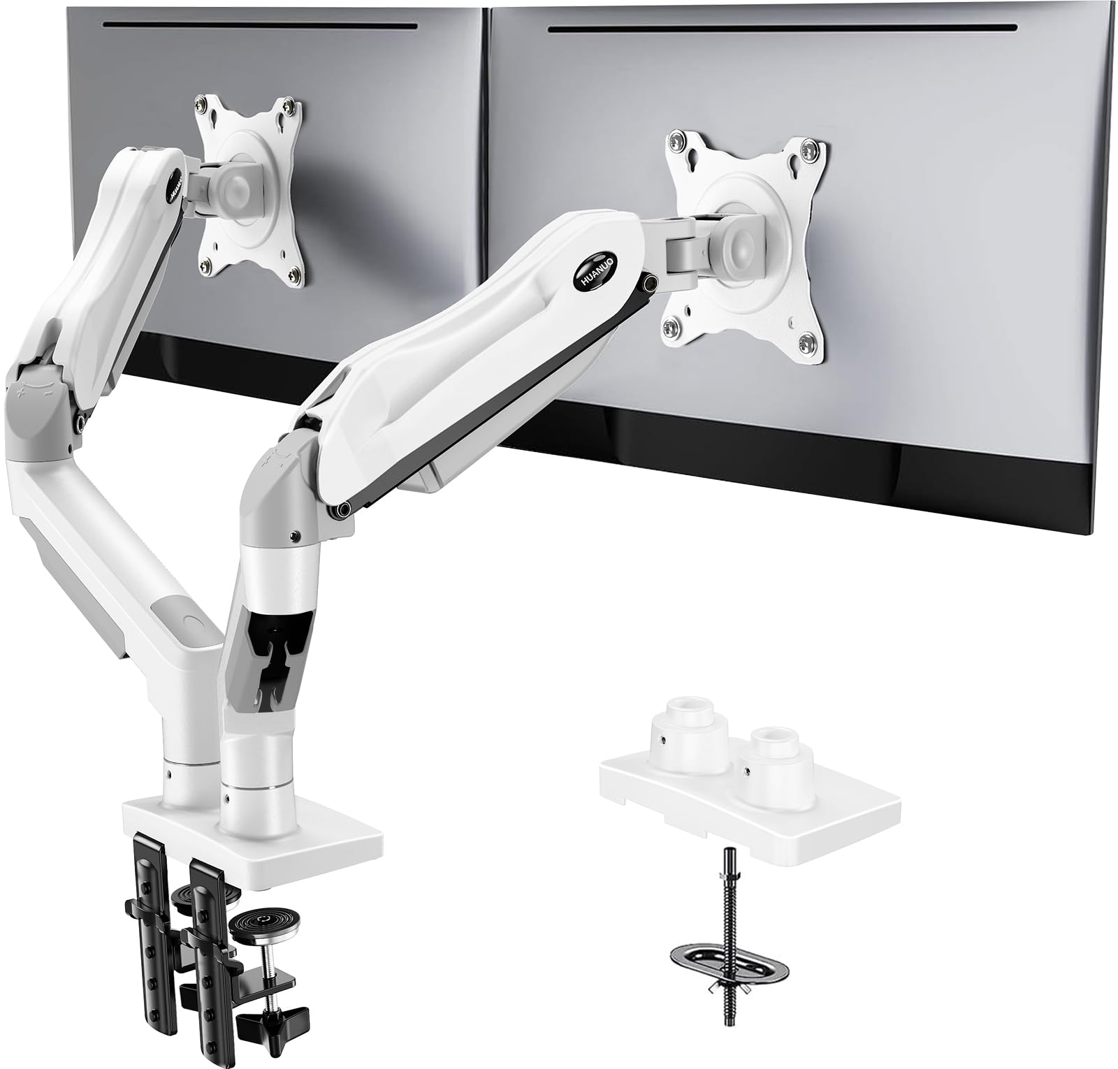 Dual Monitor Stand - Full Adjustable Monitor Desk Mount Swivel Vesa Bracket with C Clamp, Grommet Mounting Base for 13 to 32 Inch Computer Screens - Each Arm Holds 4.4 to 19.8lbs - White