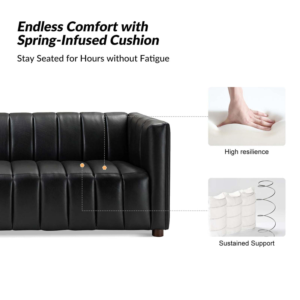 83" Genuine Leather Sofa with Channel Tufted Design, 3-Seater Sofa for Living Room Bedroom, Modern Oversized Couch with Wood Legs, Black