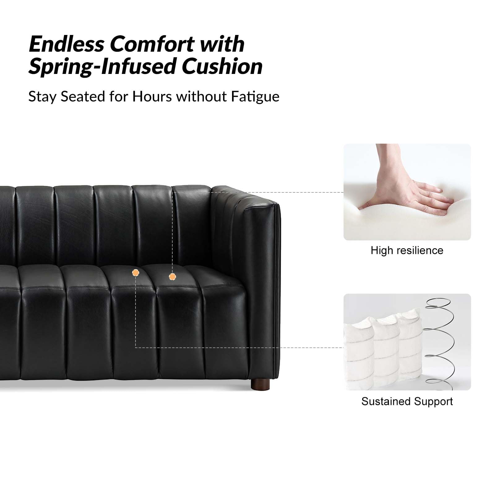 83" Genuine Leather Sofa with Channel Tufted Design, 3-Seater Sofa for Living Room Bedroom, Modern Oversized Couch with Wood Legs, Black
