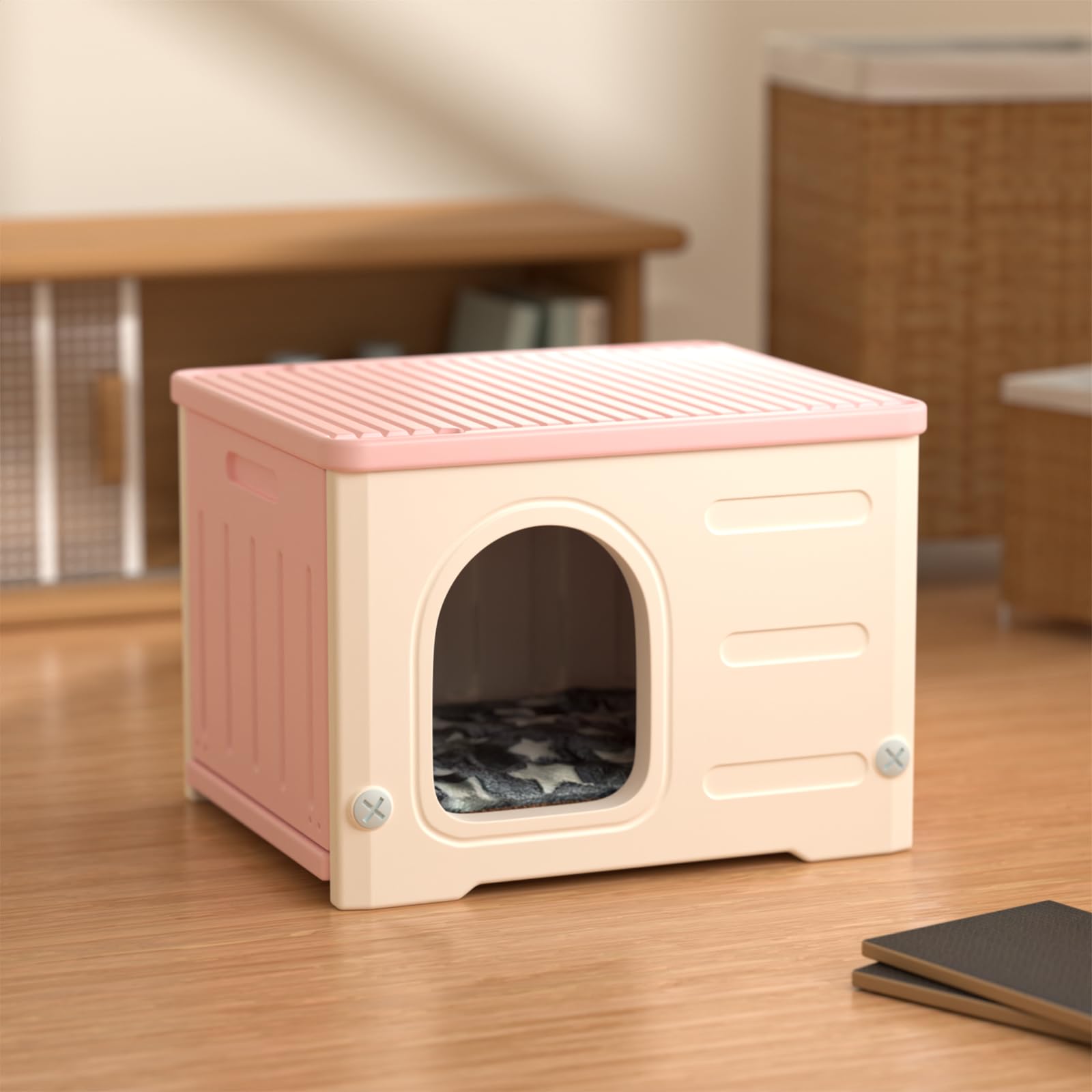 Plastic Cat House for Outdoor Indoor Use, Stackable Feral Cat Shelter Indoor Cat House Weatherproof Waterproof Elevated (Pink)