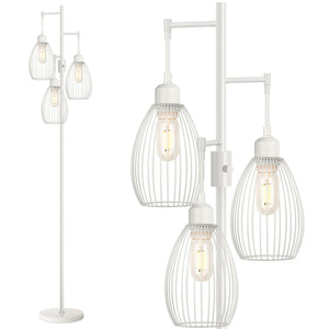 Dimmable Floor Lamp, 3 x 800LM LED Edison Bulbs Included, Farmhouse Industrial Floor Lamp Standing Lamp with Elegant Teardrop Cage Head Tall Lamp for Living Room Bedroom Office Dining Room - White