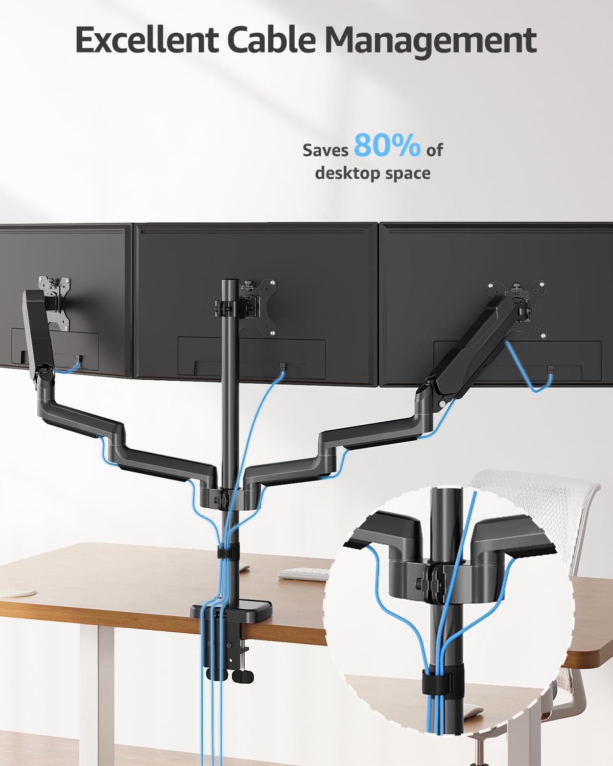 Triple Monitor Stand Mount - 3 Monitors Desk Mount for Computer Screens Up to 27 inch, Triple Monitor Arm, Heavy Duty Monitors Stand, Each Arm Holds 4.4-19.8 lbs, Black