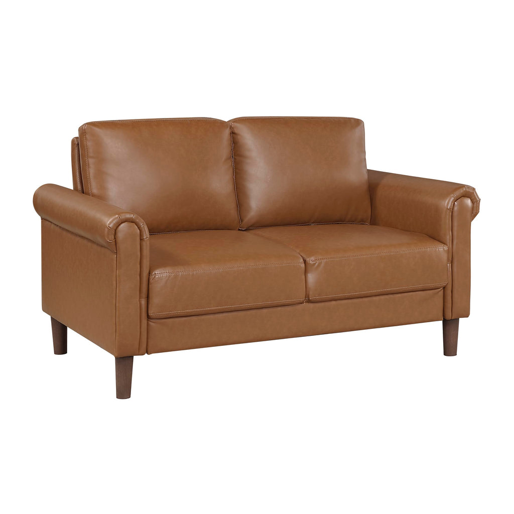 57" W Faux Leather Loveseat Sofa, Upholstered 2-Seater Couch with Rolled Armrest & Wood-Look Feet, Traditional Small Space Living Room, Office or Waiting Room Seating - Brown
