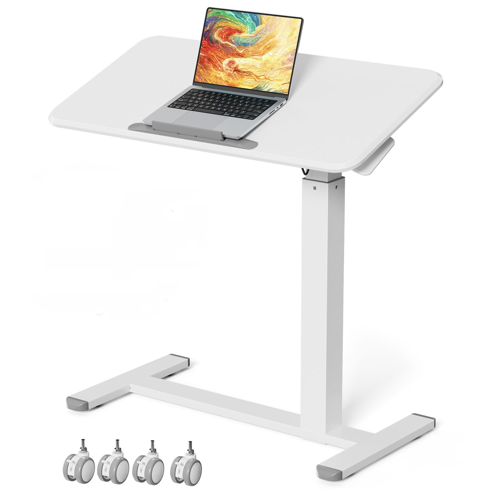 Mobile Standing Desk, Height Adjustable Left/Right Overbed Bedside Table, 90° Tiltable Portable Laptop Desk with Wheels, Foldable Computer Cart for Hospital Home Use, White