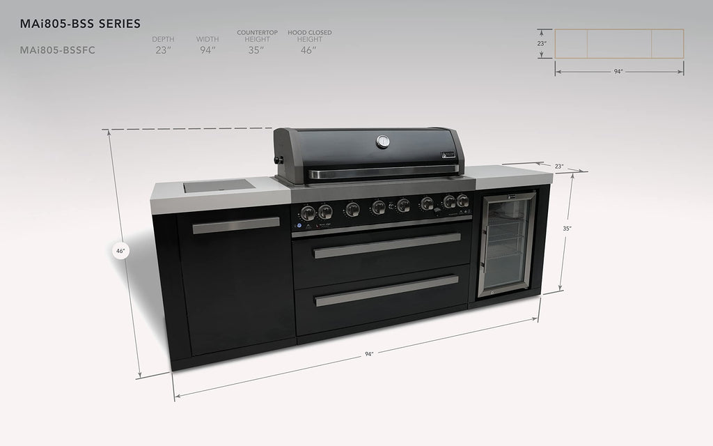 44-inch 6-Burner 115000 BTU Black Stainless Steel Gas Outdoor Kitchen Bar Island Grill w/Wine Cooler Beverage Center Refrigerator + Infrared Side Burner + Granite Countertop
