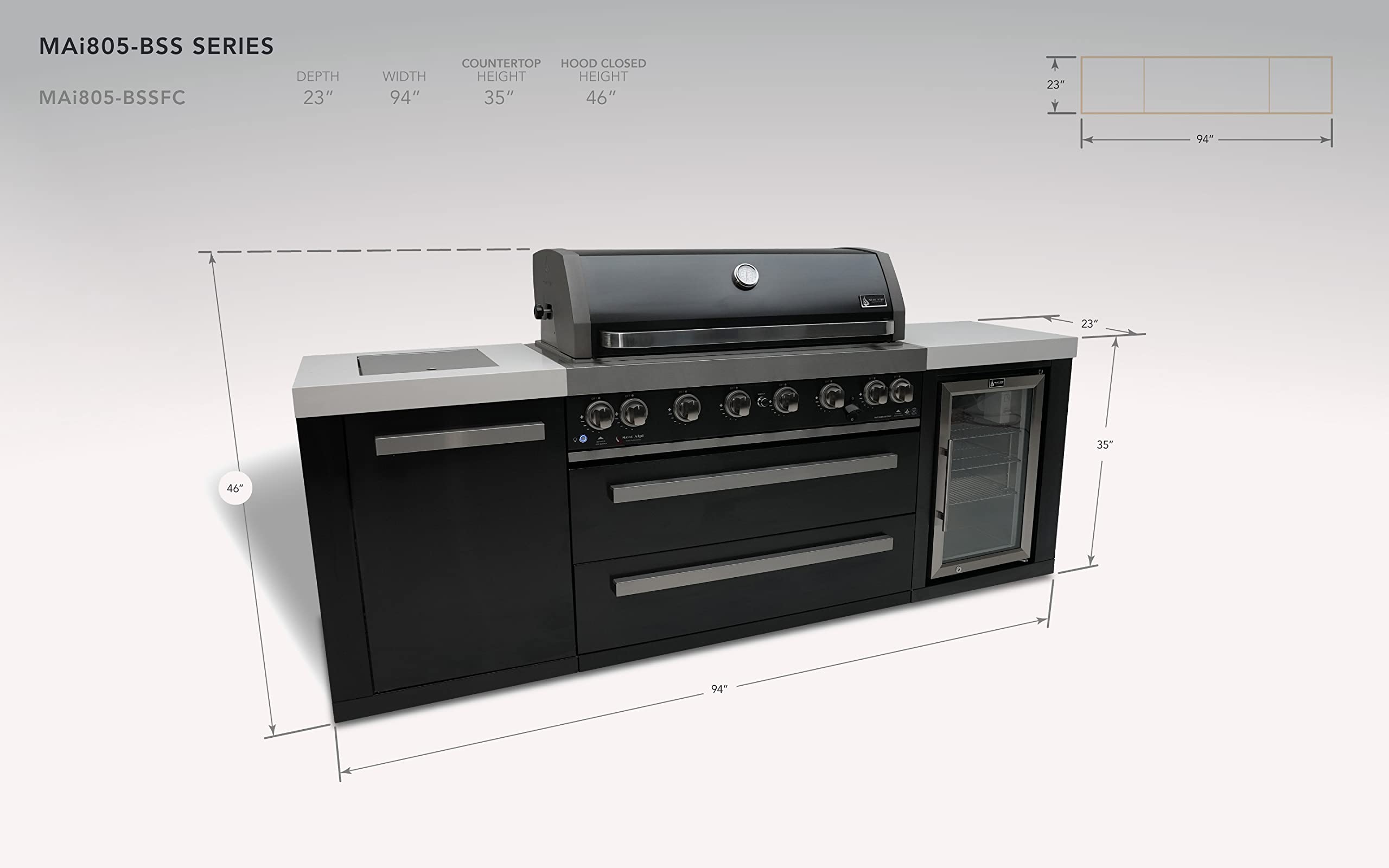 44-inch 6-Burner 115000 BTU Black Stainless Steel Gas Outdoor Kitchen Bar Island Grill w/Wine Cooler Beverage Center Refrigerator + Infrared Side Burner + Granite Countertop