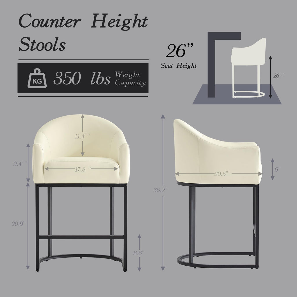 Counter Height Bar Stools Set of 2,Modern Counter Height Bar Stools,PU Leather Upholstered Barrel Barstools with Backs,26'' Kitchen Island Chairs,Metal Black Frames,Beige White Leather