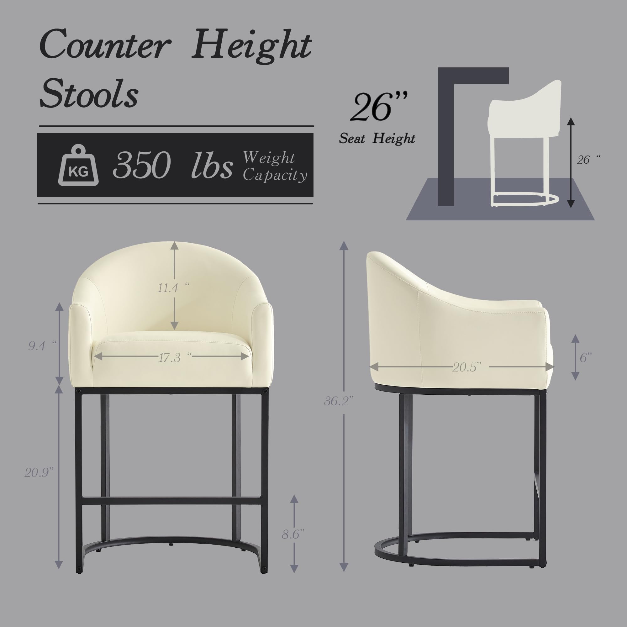 Counter Height Bar Stools Set of 4,Modern Counter Height Bar Stools,PU Leather Upholstered Barrel Barstools with Backs,26'' Kitchen Island Chairs,Metal Black Frames,Beige White Leather