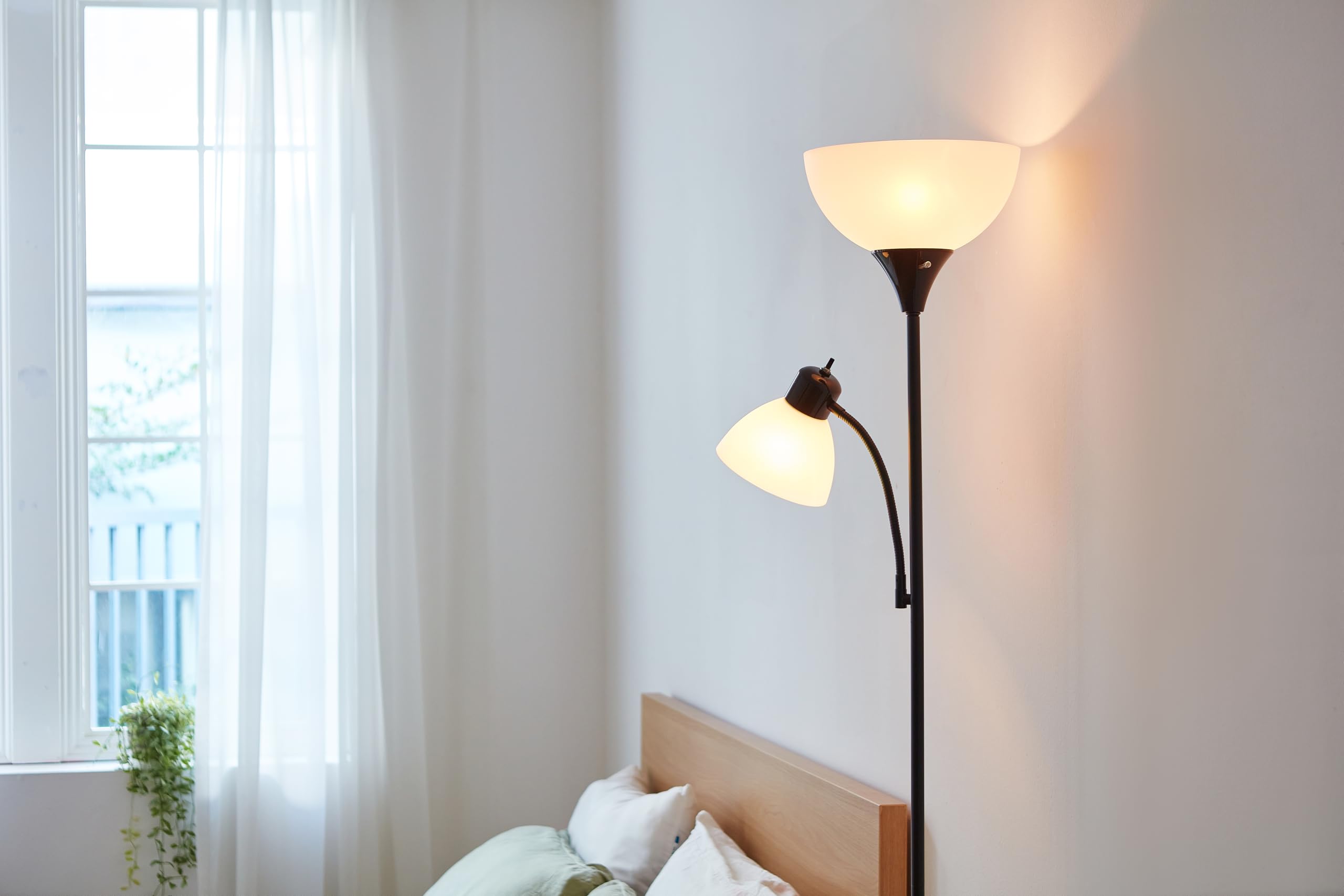 72" Torchiere Floor Lamp and Adjustable Reading Light, Matte Black, Frosted Shade, Dual Rotary Switch, 3-Step Dimming, Modern Lighting for Living Room or Office