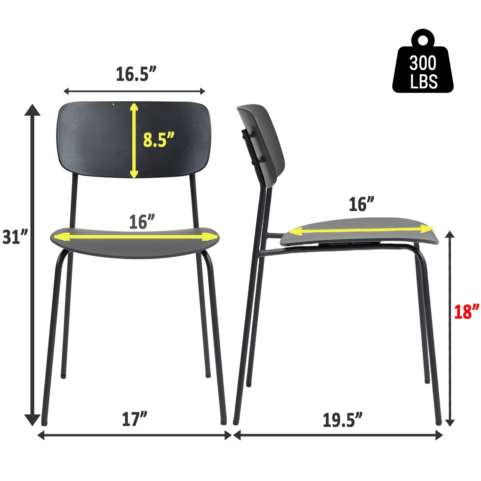 Stackable Chairs Set of 4, Waiting Room Chairs with Metal Legs and Ergonomic Plastic Seat, Stacking Office Chairs for Conference Reception Church Banquet, Black