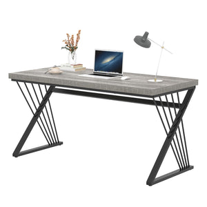Modern Desk, Rustic Wood and Metal Computer Desks for Home Office, Simple Study Writing Work Table for Bedroom Living Room, Light Grey, 60 Inch