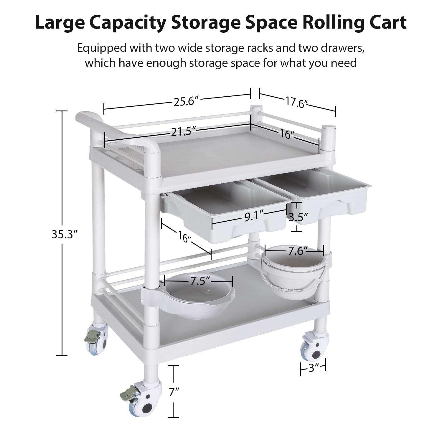 Medical Mobile Trolley Cart 2-Shelf 220 LBS Max Load Rolling Utility Cart Heavy Duty Beauty Salon Storage Cart with Drawers Dirt Buckets Rotate Wheels 2 Brake for Hospital Dental Clinic Home