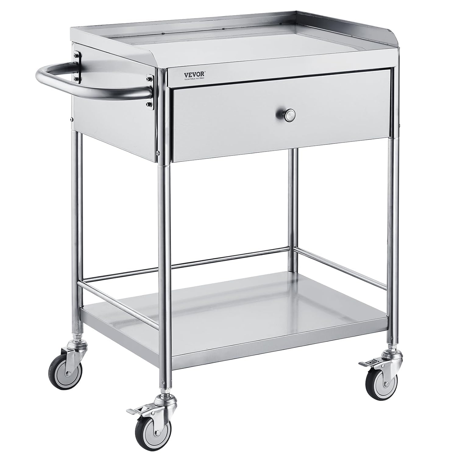 Medical Cart, 2-Layer Stainless Steel Cart 220 lbs Weight Capacity, Lab Utility Cart with 360° Silent Wheels and a Drawer for Lab, Clinic, Kitchen, Salon