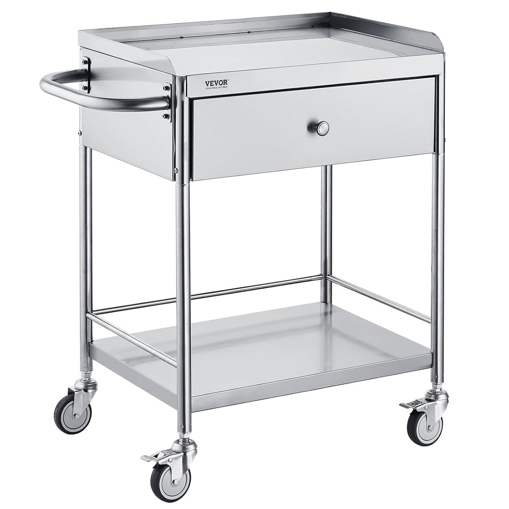 Medical Cart, 2-Layer Stainless Steel Cart 220 lbs Weight Capacity, Lab Utility Cart with 360° Silent Wheels and a Drawer for Lab, Clinic, Kitchen, Salon