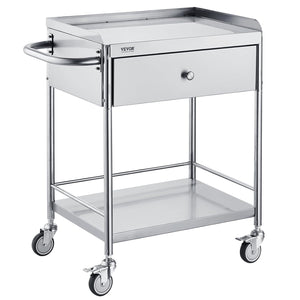 Medical Cart, 2-Layer Stainless Steel Cart 220 lbs Weight Capacity, Lab Utility Cart with 360° Silent Wheels and a Drawer for Lab, Clinic, Kitchen, Salon