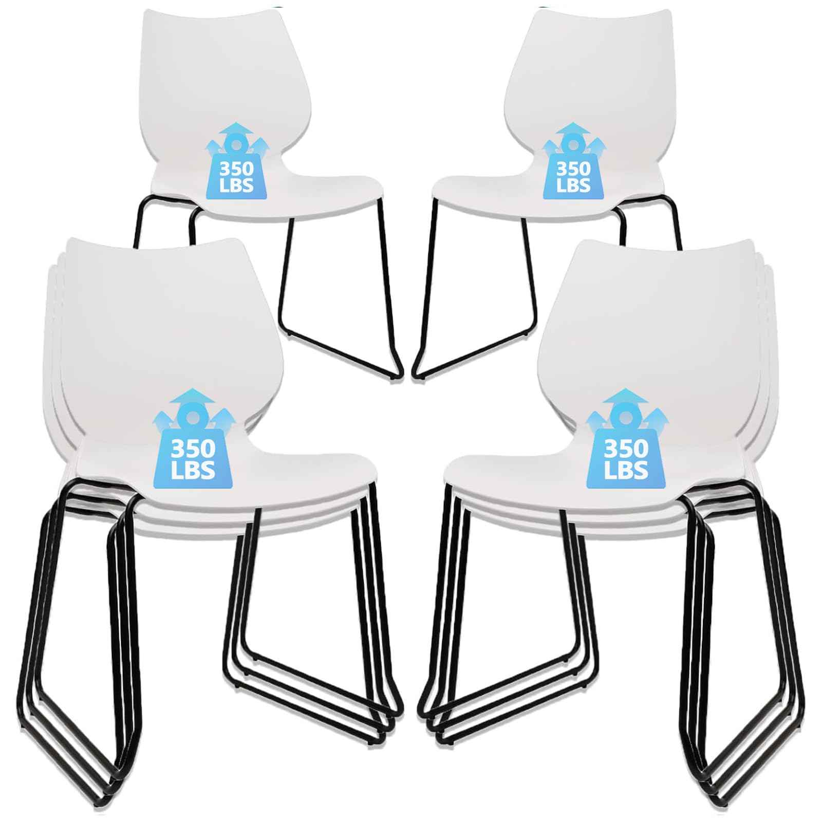 Set of 8, White, Stackable Waiting Room Chair, Stacking Office Chair with Ergonomic Lumbar Support and Metal Legs, Plastic Desk Chairs for Conference School Church Guest Reception