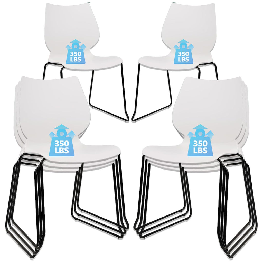 Set of 8, White, Stackable Waiting Room Chair, Stacking Office Chair with Ergonomic Lumbar Support and Metal Legs, Plastic Desk Chairs for Conference School Church Guest Reception