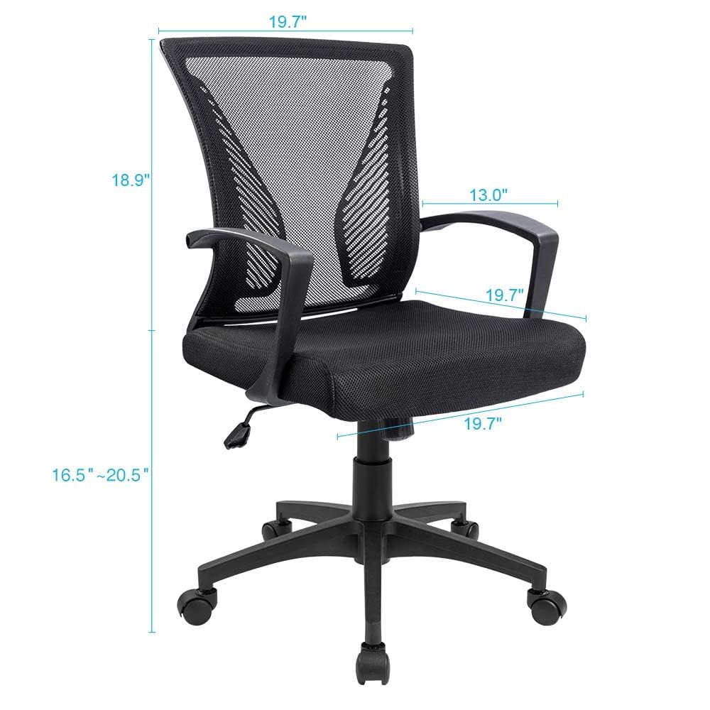 Office Chair Ergonomic Computer Desk Mesh Chair Mid Back Swivel Lumbar Support with Armrest (2, Black)