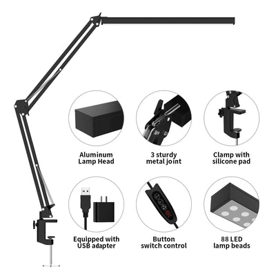 LED Desk Lamp, Manicure Table Lamp, Eye-Caring Drafting Light, Dimmable Office Table Lamp with 3 Color Modes, 10 Brightness Levels & Adapter, Memory Function(Black)