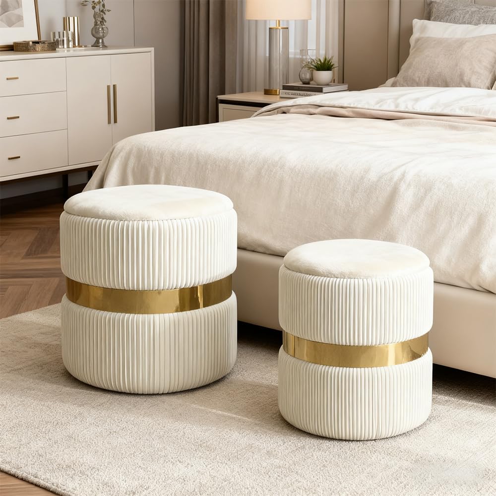 Velvet Round Ottoman with Storage Set of 2 for Livingroom Small Foot Stool Ottoman for Living Room Small Coffee Table Vanity Stool with Storage for Bedroom White