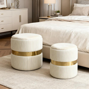 Velvet Round Ottoman with Storage Set of 2 for Livingroom Small Foot Stool Ottoman for Living Room Small Coffee Table Vanity Stool with Storage for Bedroom White