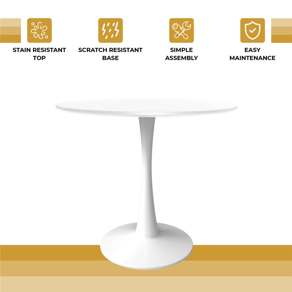 27" Wide Round Dining Table, Modern MDF Wood Top & White Metal Pedestal Base Gloss Finish Accent Table Mid-Century Café Table, Kitchen Dining Room Furniture, White