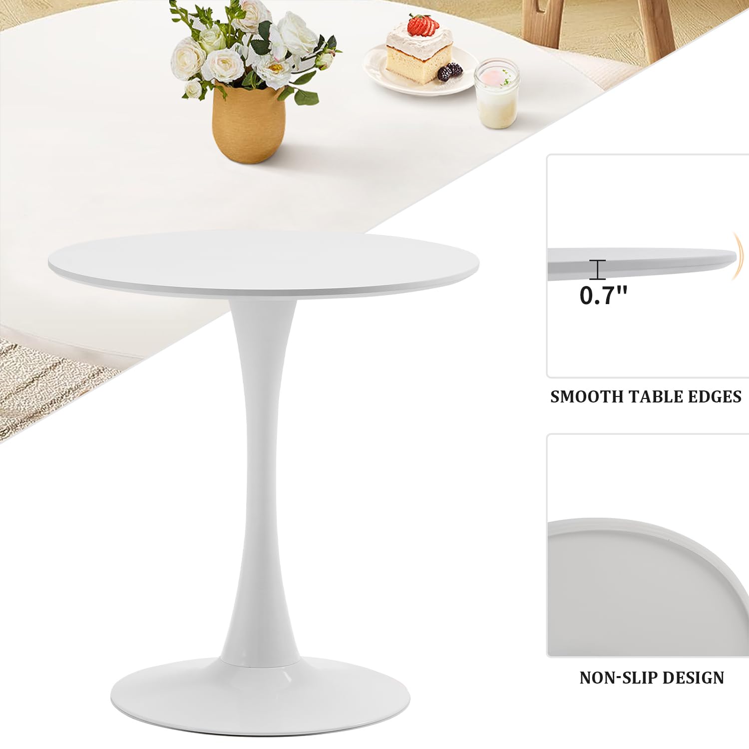 White Round Dining Table, 27.6" Tulip Table Kitchen Round Dining Table for 1-2 People with MDF Table Top and Metal Pedestal Base, Mid-Century Leisure Table for Home, Dining Room, Cafe